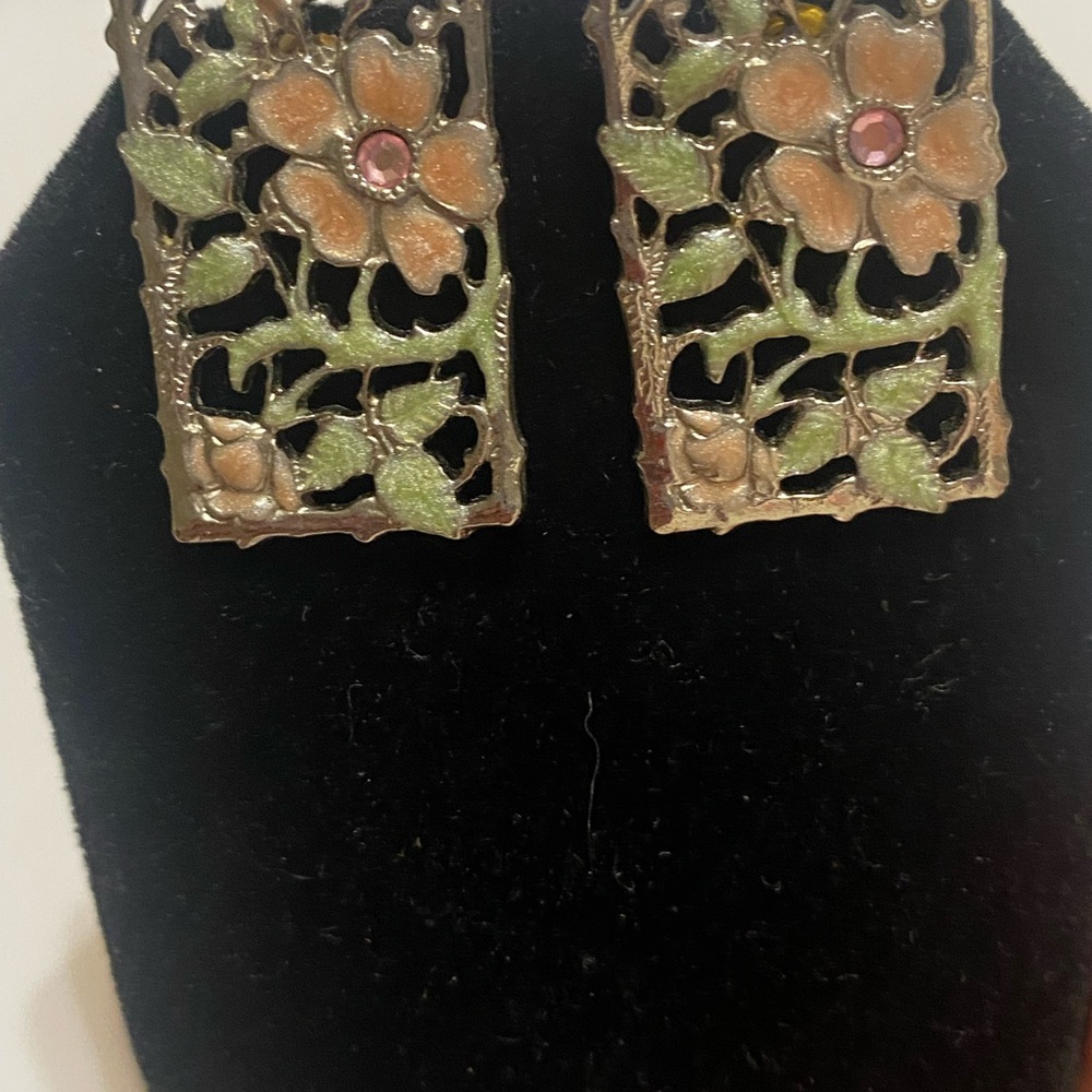 Floral Enamel Rectangle Drop Earrings - Pink and Green - Picture 4 of 5